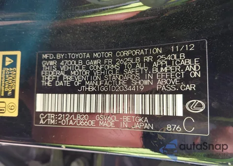 2013 Lexus Es 350 z USA, uszkodzony, nr VIN JTHBK1GG1D2034419